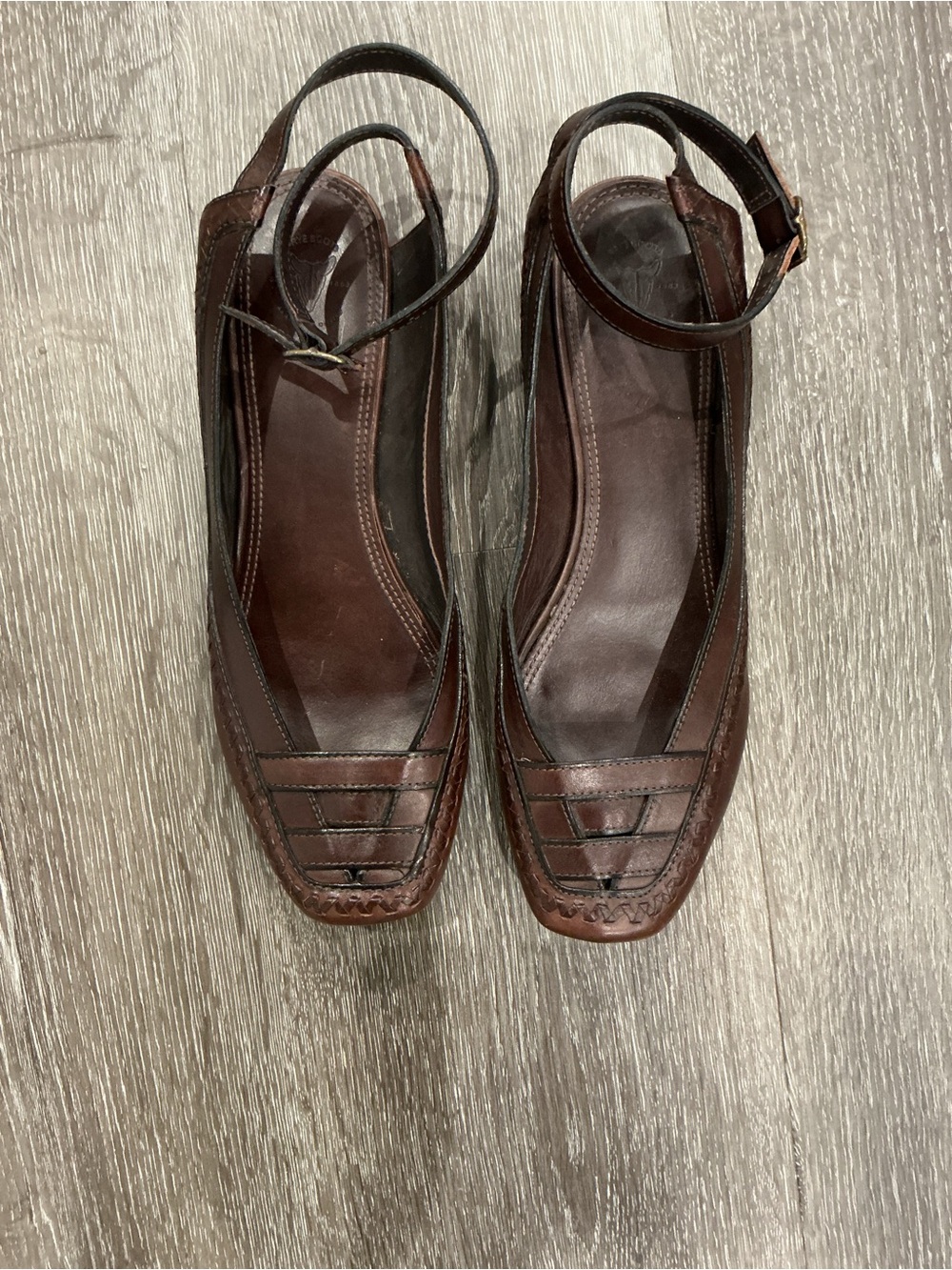 Frye Brown Leather Ankle-Strap Mules, flats, size 8.5